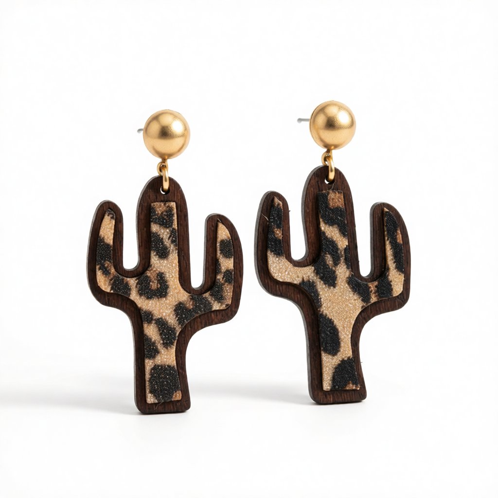 Beige and Black Polystyrene Leopard Cactus Drop Earrings, drop earrings for women, everyday style, side view