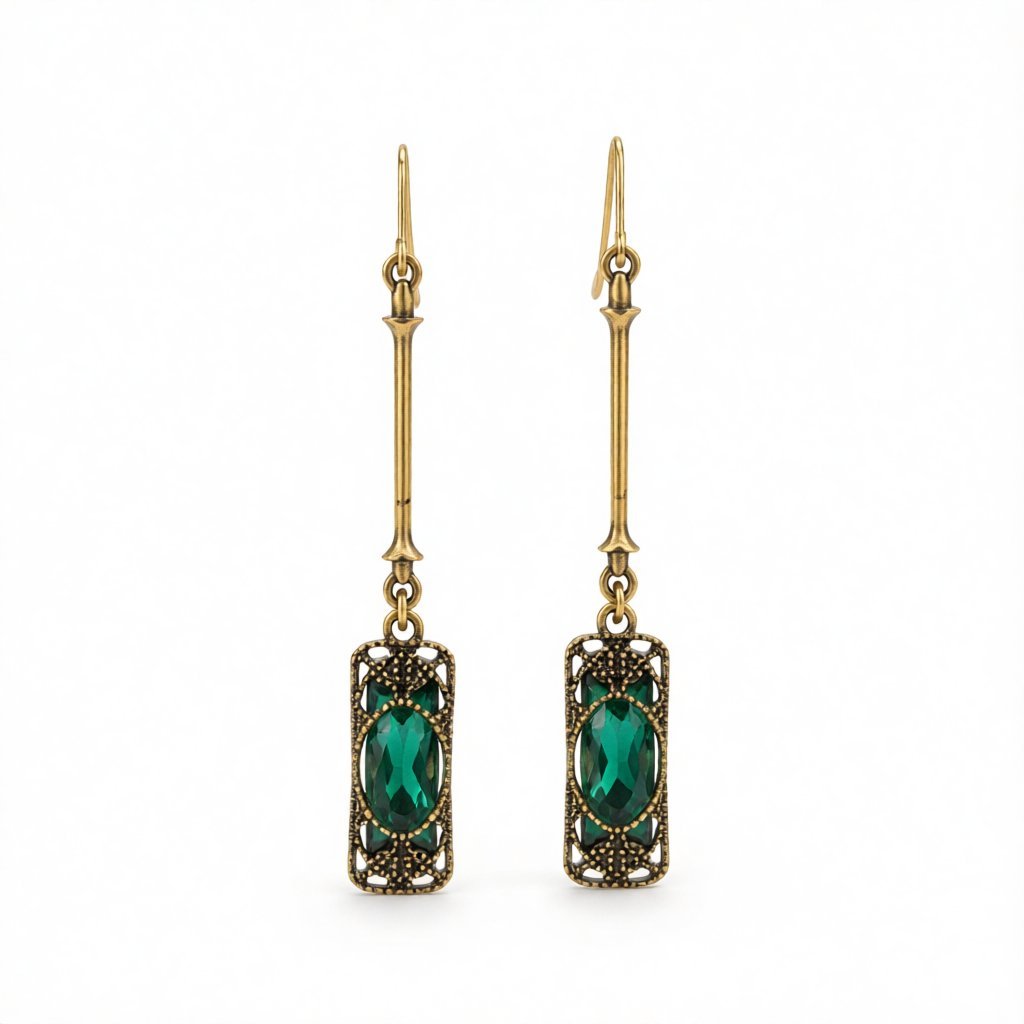 Green Crystal and 18K Gold-Plated Textured Drop Earrings, gold drop earrings for women, botanical inspired, side view