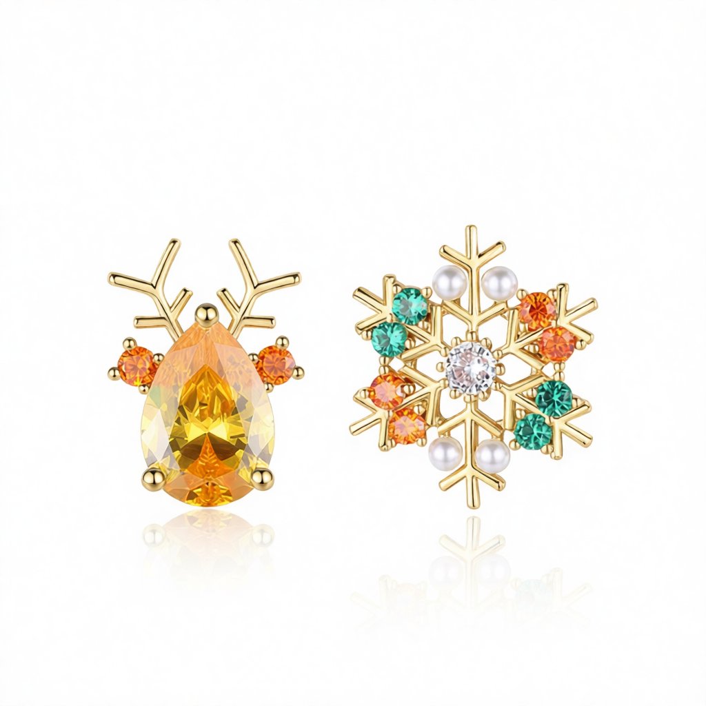 Pearl and Yellow Crystal Mismatch Antler Snowflake Stud Earrings, cubic zirconia stud earrings for women, side view