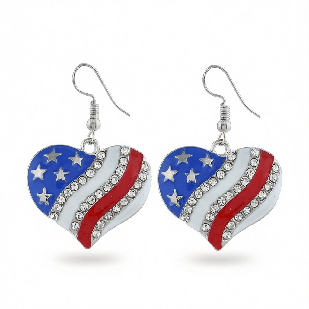 Cubic Zirconia and Silver-Plated Flag Heart Drop Earrings, silver drop earrings for women, everyday style, side view
