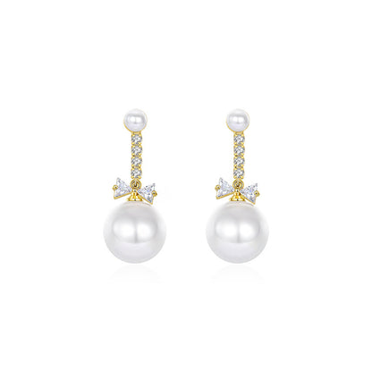 Crystal and Cubic Zirconia Pearl 18K Gold-Plated Bow Drop Earrings, gold drop earrings for women, side view