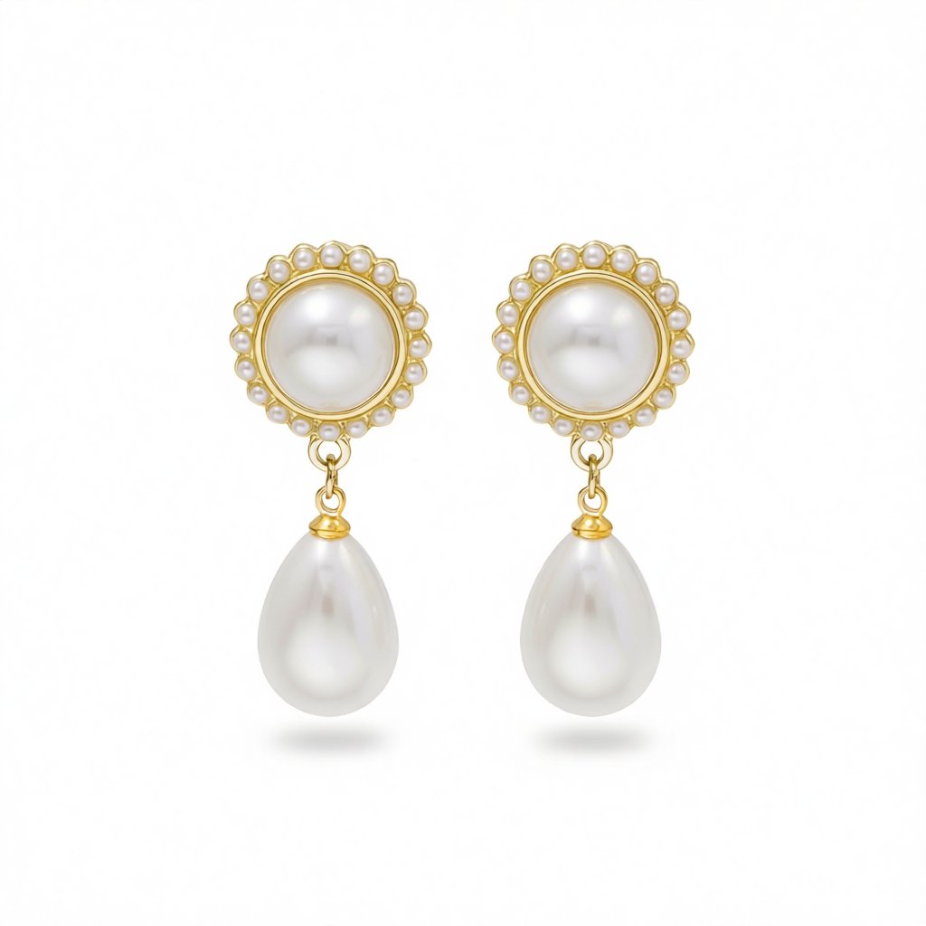White Pearl and 18K Gold-Plated Teardrop Earrings, gold drop earrings for women, vintage-inspired design, side view
