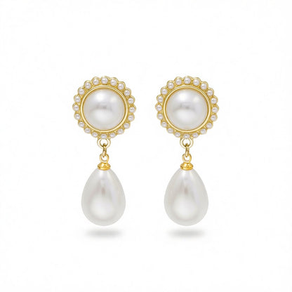 White Pearl and 18K Gold-Plated Teardrop Earrings, gold drop earrings for women, vintage-inspired design, side view