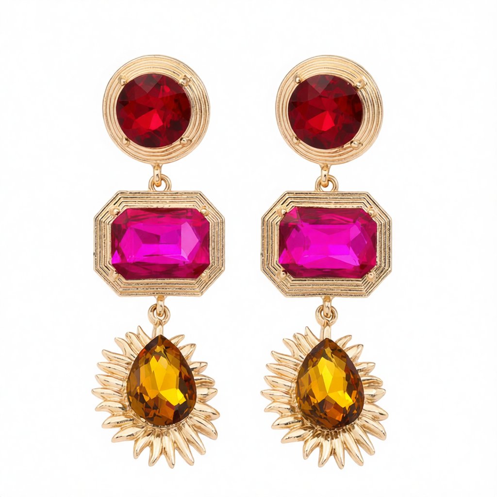 Pink Crystal and 18K Gold-Plated Geometric Drop Earrings, gold drop earrings for women, dainty minimalist design, side view