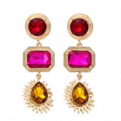 Pink Crystal and 18K Gold-Plated Geometric Drop Earrings, gold drop earrings for women, dainty minimalist design, side view