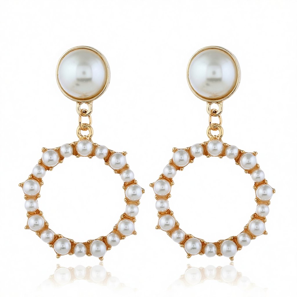 Pearl and 18K Gold-Plated Circle Drop Earrings, gold drop earrings for women, dainty minimalist design, side view