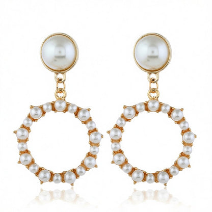 Pearl and 18K Gold-Plated Circle Drop Earrings, gold drop earrings for women, dainty minimalist design, side view