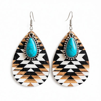 Turquoise and Brown Wood Geometric Lake Teardrop Earrings, drop earrings for women, everyday style, side view