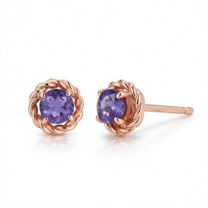 Purple Crystal and 18K Rose Gold-Plated Twist Stud Earrings, cubic zirconia stud earrings for women, side view