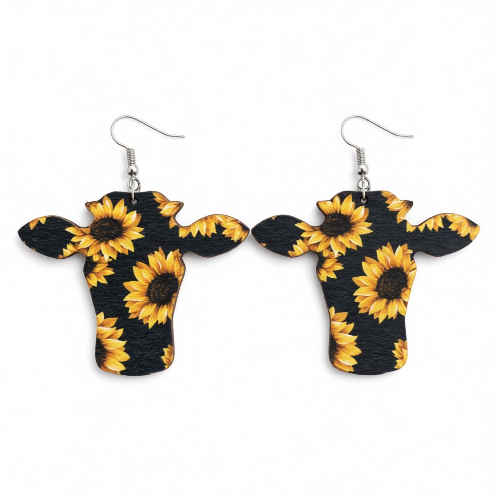 Black and Yellow Sunflower Cow Wood Drop Earrings, drop earrings for women, vintage-inspired design, side view