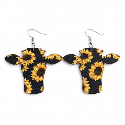 Black and Yellow Sunflower Cow Wood Drop Earrings, drop earrings for women, vintage-inspired design, side view