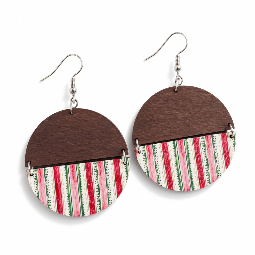 Brown and Red Stripe Round Wood Drop Earrings, drop earrings for women, vintage-inspired design, side view