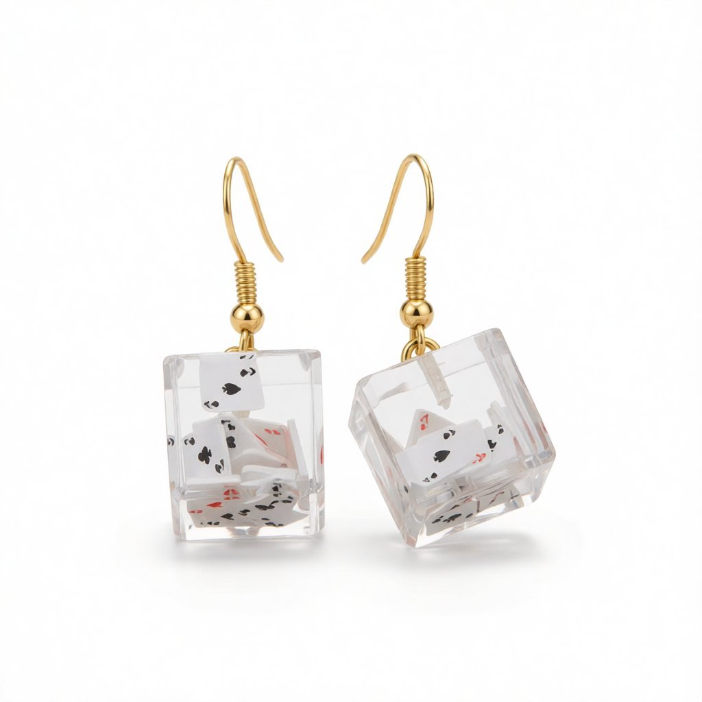 Clear Resin and 18K Gold-Plated Joker Cube Drop Earrings, gold drop earrings for women, everyday style, side view
