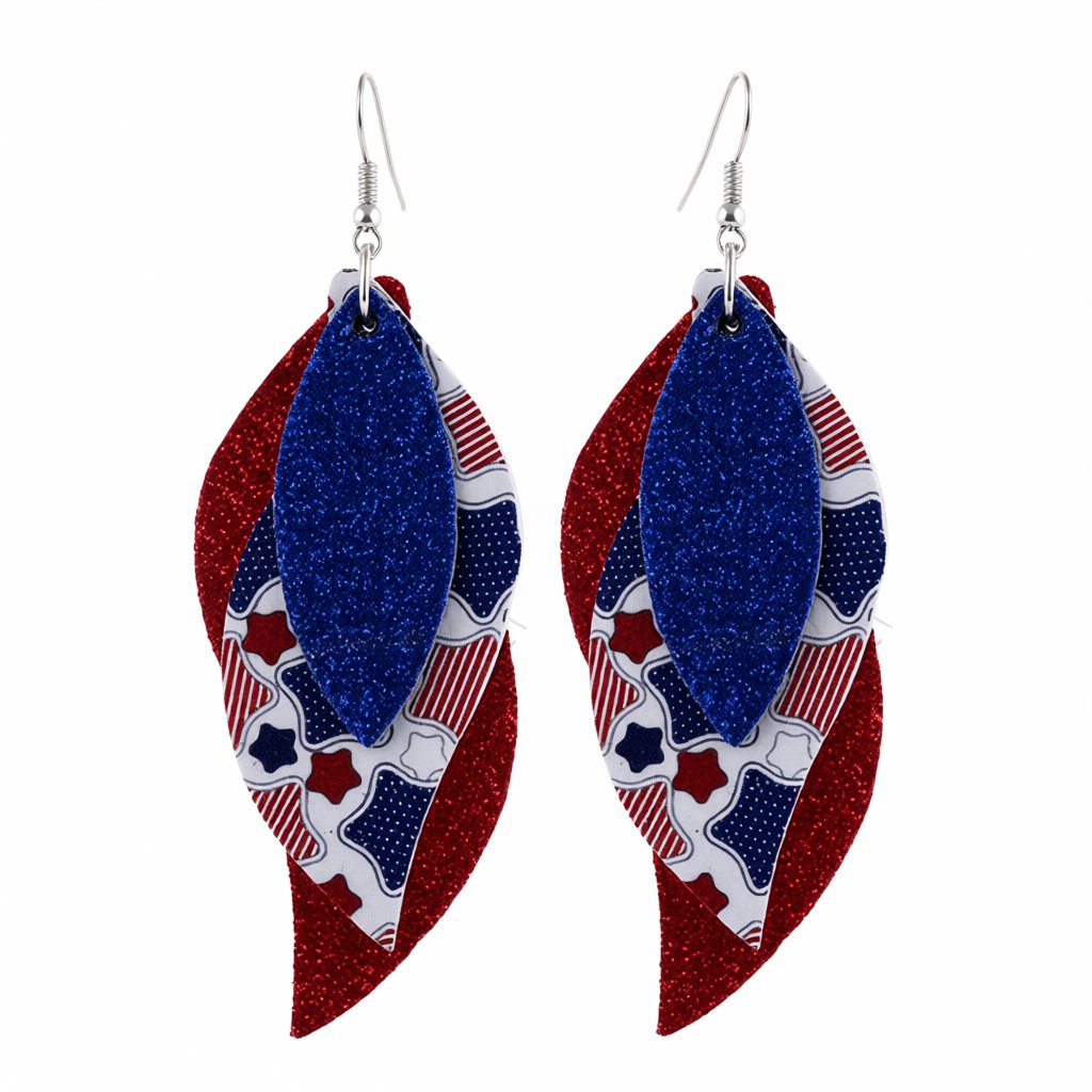 Navy and White Polystyrene Star Glitter Triple Leaf Drop Earrings, drop earrings for women, side view