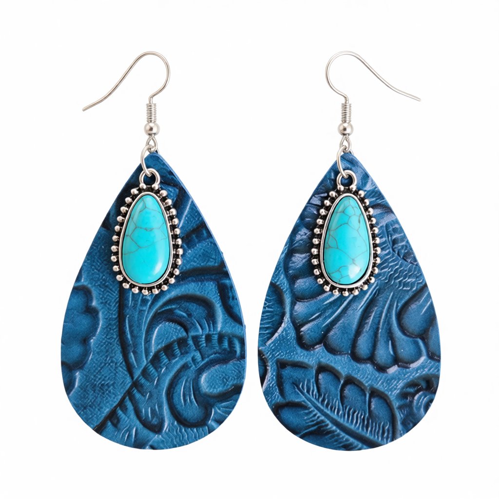 Navy Polystyrene and Turquoise Floral Embossed Drop Earrings, drop earrings for women, vintage-inspired design, side view