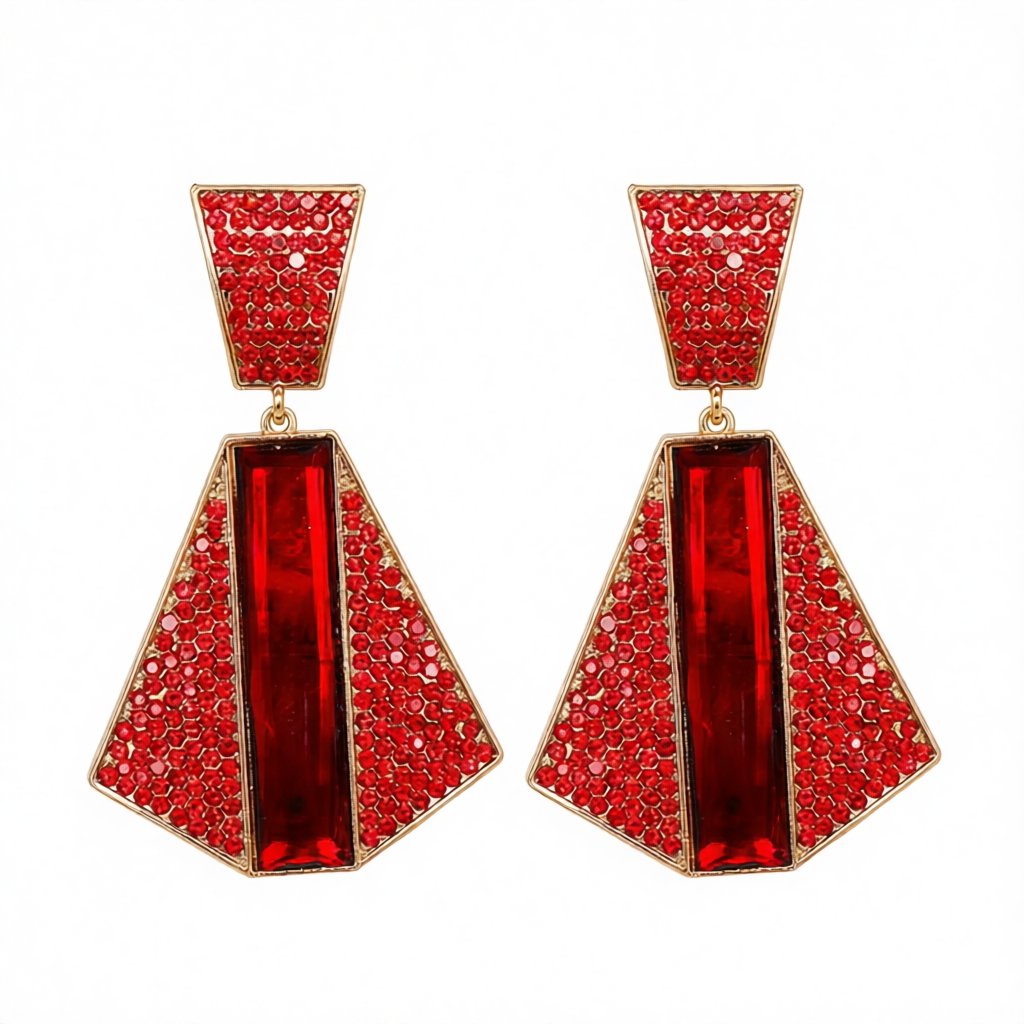 Red Crystal and Cubic Zirconia 18K Gold-Plated Geometric Drop Earrings, gold drop earrings for women, side view
