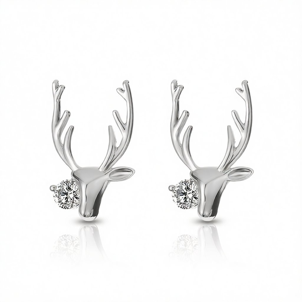 Cubic Zirconia and Silver-Plated Deer Head Stud Earrings, silver stud earrings for women, botanical inspired, side view