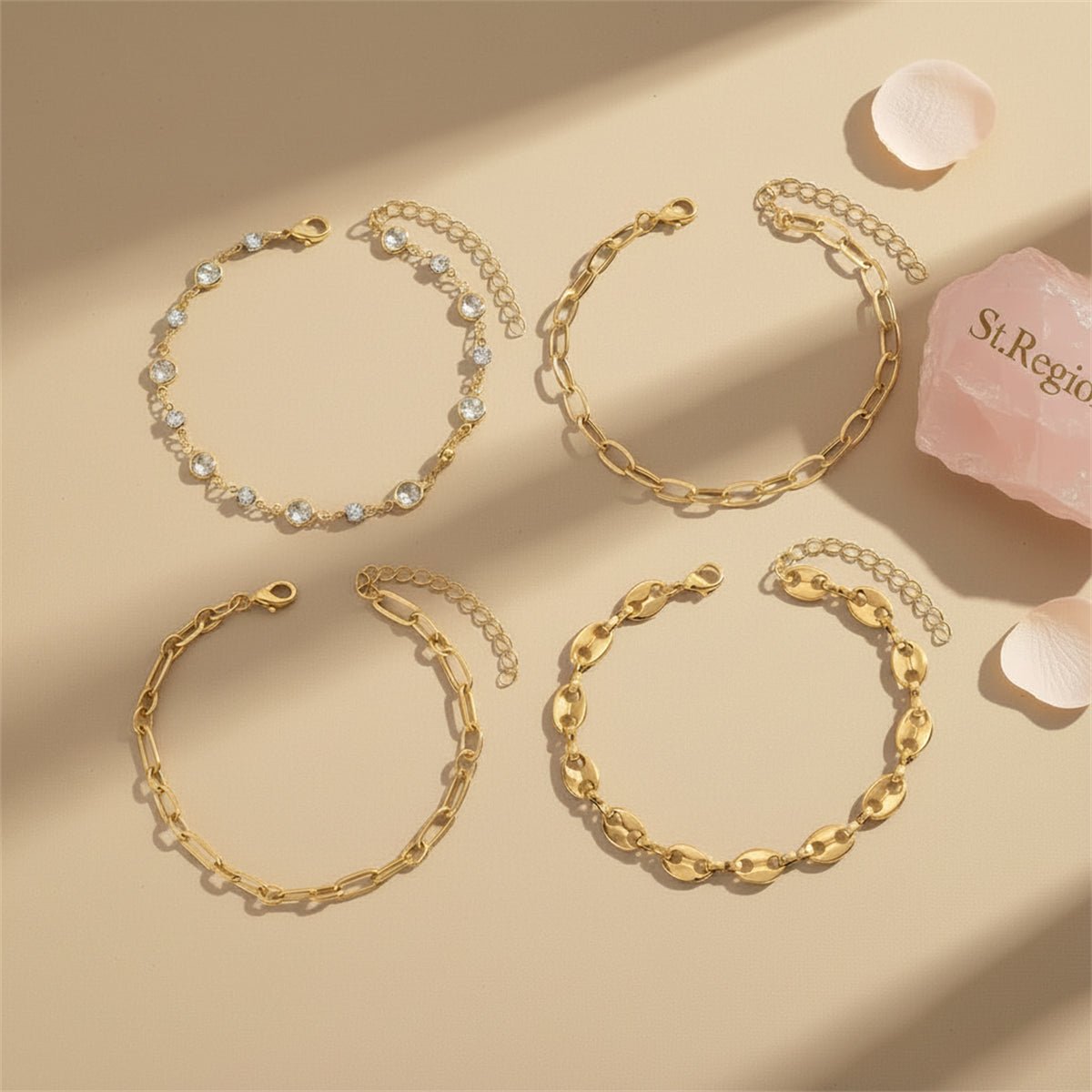Clear Crystal & Cubic Zirconia Goldtone Pig-Nose Shape Chain Anklet Set - Street Region