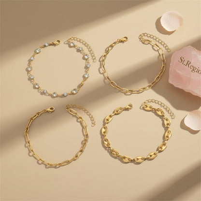 Clear Crystal & Cubic Zirconia Goldtone Pig-Nose Shape Chain Anklet Set - Street Region