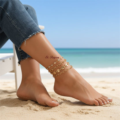 Clear Crystal & Cubic Zirconia Goldtone Pig-Nose Shape Chain Anklet Set - Street Region