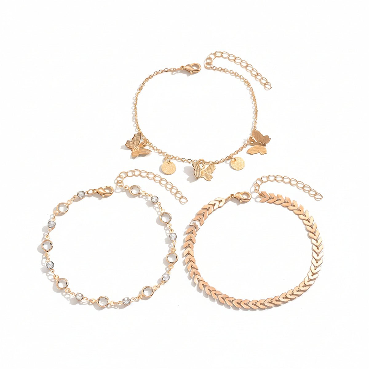 Clear Crystal & Cubic Zirconia Goldtone Wheat Chain Butterfly Tassel Anklet Set - Street Region