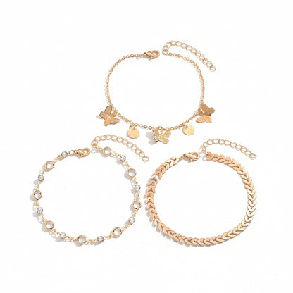 Clear Crystal & Cubic Zirconia Goldtone Wheat Chain Butterfly Tassel Anklet Set - Street Region