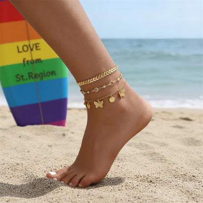 Clear Crystal & Cubic Zirconia Goldtone Wheat Chain Butterfly Tassel Anklet Set - Street Region