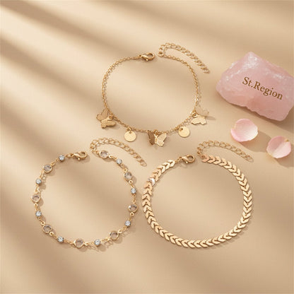 Clear Crystal & Cubic Zirconia Goldtone Wheat Chain Butterfly Tassel Anklet Set - Street Region