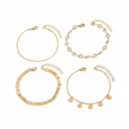 Clear Crystal and Cubic Zirconia Goldtone Wheat Chain Sequin Tassel Anklet Set, jewelry gift sets for women, side view