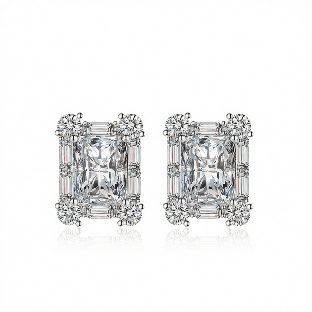 Clear Crystal and Cubic Zirconia Silvertone Rectangular Stud Earrings, cubic zirconia stud earrings for women, side view