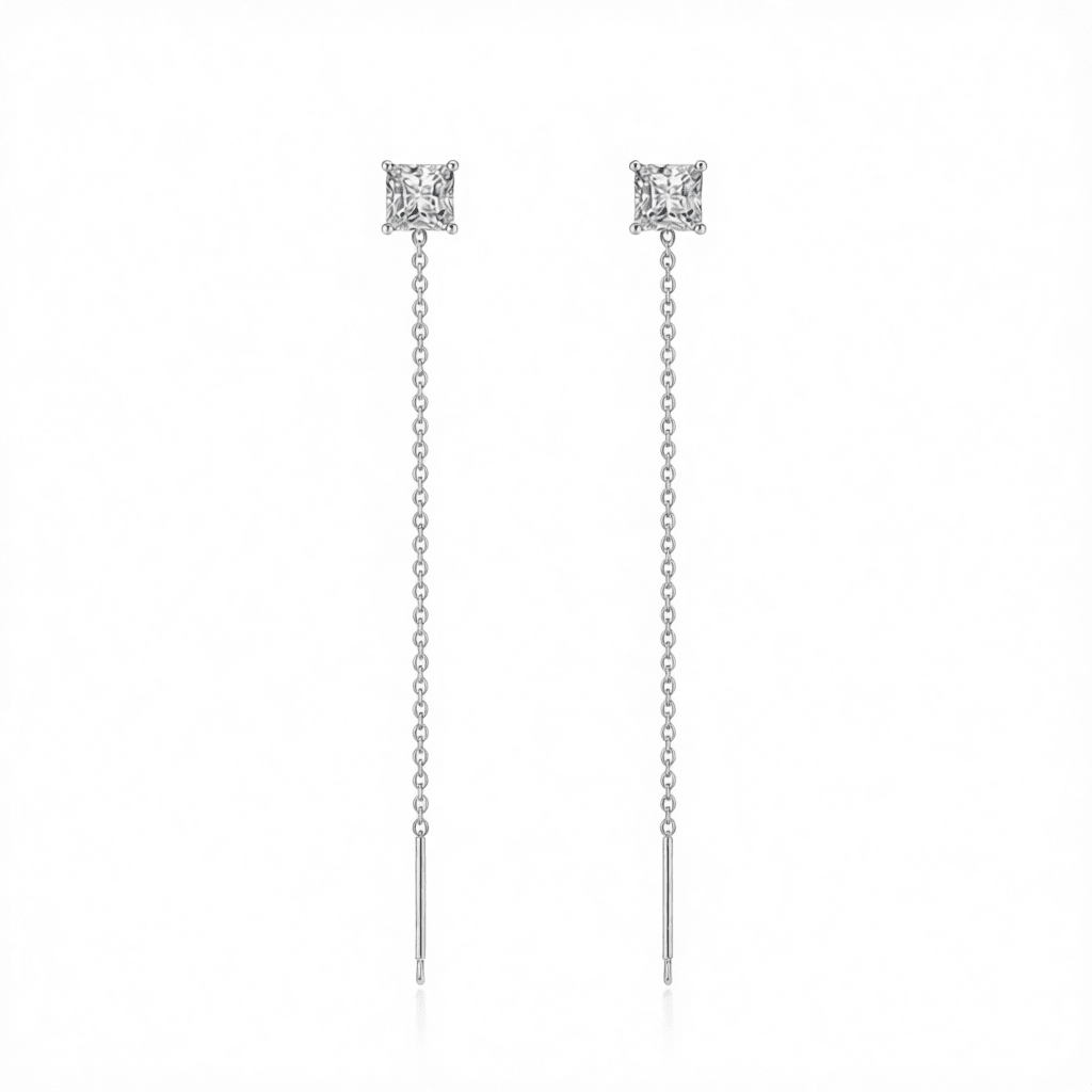 Clear Crystal and Silvertone Cube Threader Earrings, vintage-inspired design, side view