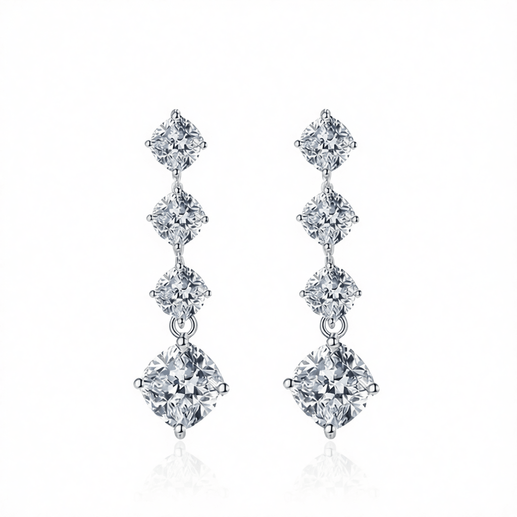 Clear Crystal and Silvertone Cushion-Cut Drop Earrings, silver drop earrings for women, everyday style, side view