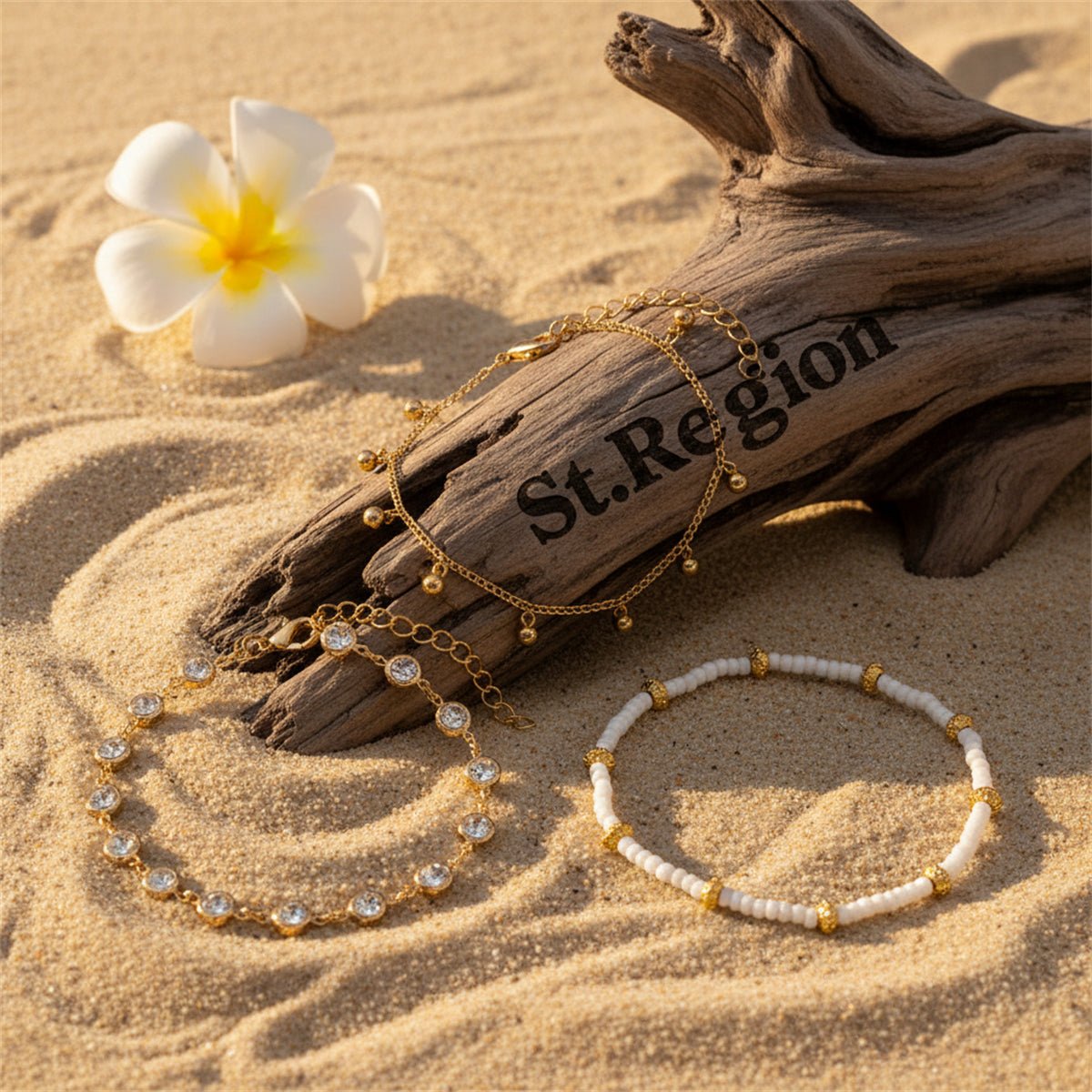Clear Crystal & White Howlite Goldtone Round Station Anklet Set - Street Region