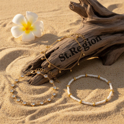Clear Crystal & White Howlite Goldtone Round Station Anklet Set - Street Region