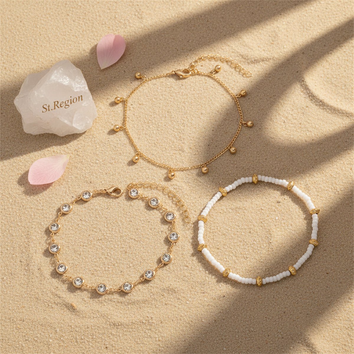 Clear Crystal & White Howlite Goldtone Round Station Anklet Set - Street Region