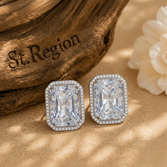 Clear Radiant Crystal & Cubic Zirconia Silvertone Halo Stud Earrings