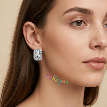 Clear Radiant Crystal and Cubic Zirconia Silvertone Halo Stud Earrings, cubic zirconia stud earrings for women, styled look