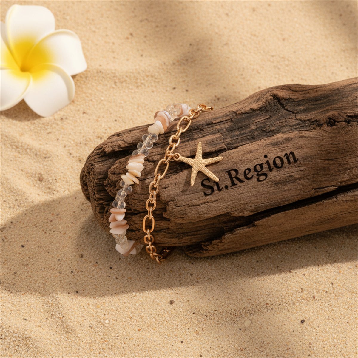 Clear Resin & Shell Goldtone Irregular Beads Starfish Charm Anklet Set - Street Region