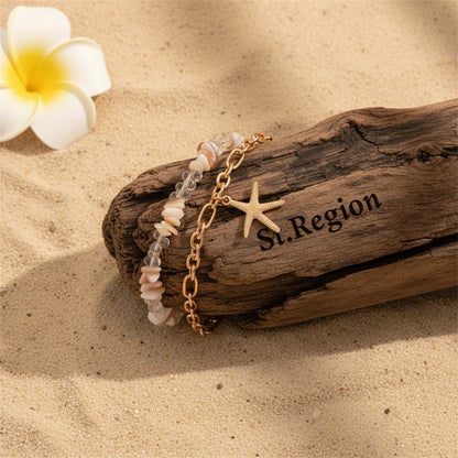 Clear Resin & Shell Goldtone Irregular Beads Starfish Charm Anklet Set - Street Region