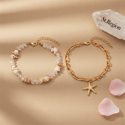 Clear Resin & Shell Goldtone Irregular Beads Starfish Charm Anklet Set - Street Region