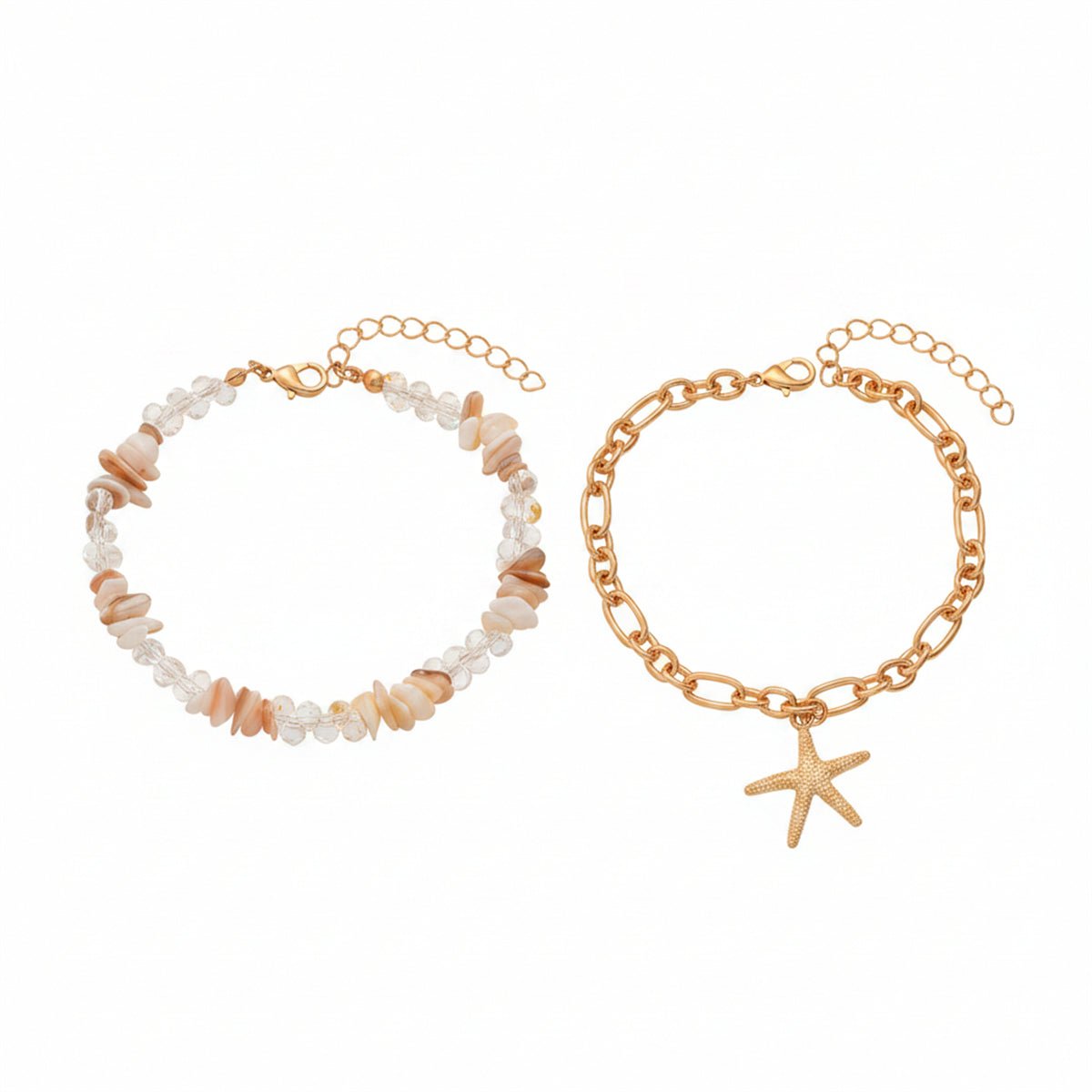Clear Resin & Shell Goldtone Irregular Beads Starfish Charm Anklet Set - Street Region