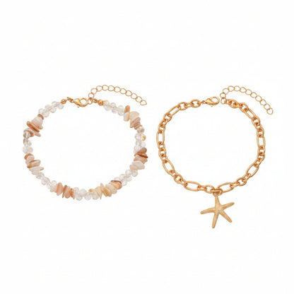 Clear Resin & Shell Goldtone Irregular Beads Starfish Charm Anklet Set - Street Region