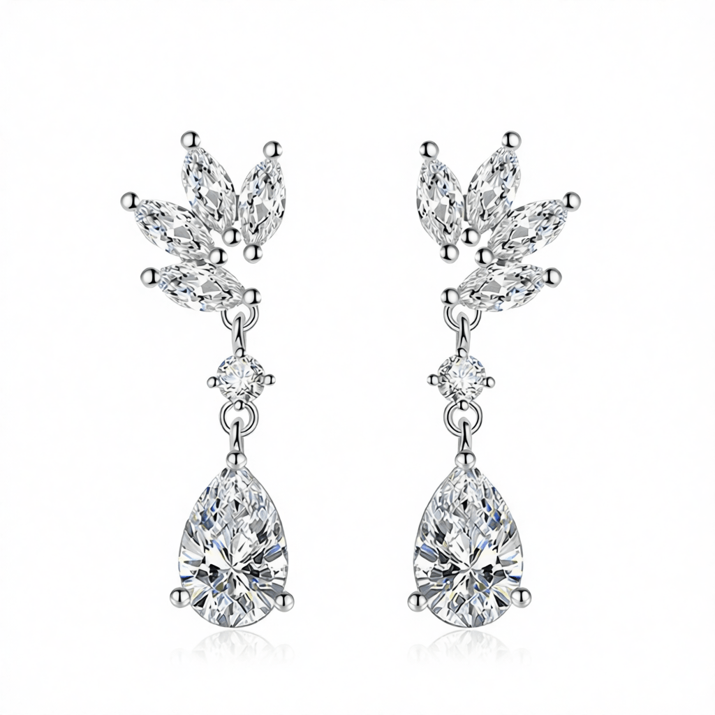 Cubic Zirconia and Clear Crystal Botanical Drop Earrings, drop earrings for women, dainty minimalist design, side view