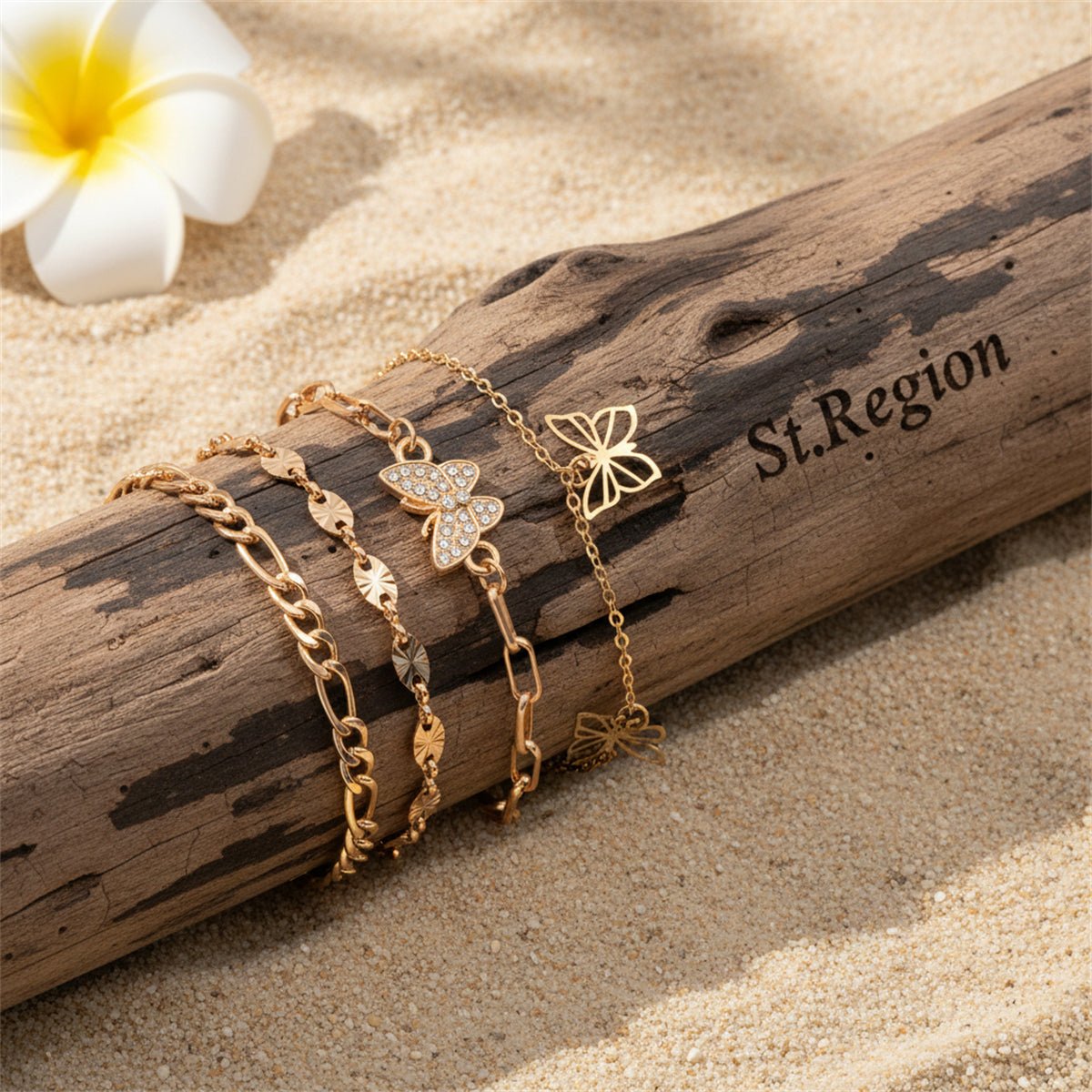 Cubic Zirconia & Goldtone Butterfly Cham Tassel Anklet Set - Street Region