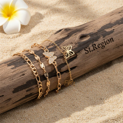 Cubic Zirconia & Goldtone Butterfly Cham Tassel Anklet Set - Street Region