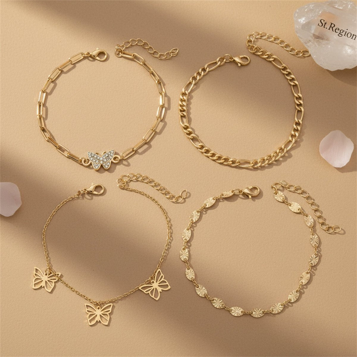Cubic Zirconia & Goldtone Butterfly Cham Tassel Anklet Set - Street Region