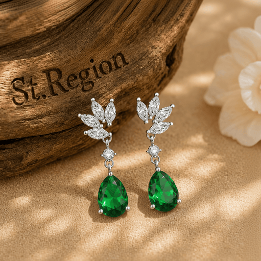 Cubic Zirconia & Green Crystal Botanical Drop Earrings