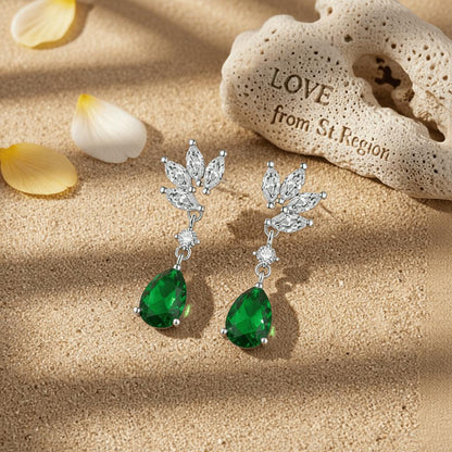 Cubic Zirconia and Green Crystal Botanical Drop Earrings, drop earrings for women, everyday style, lifestyle look