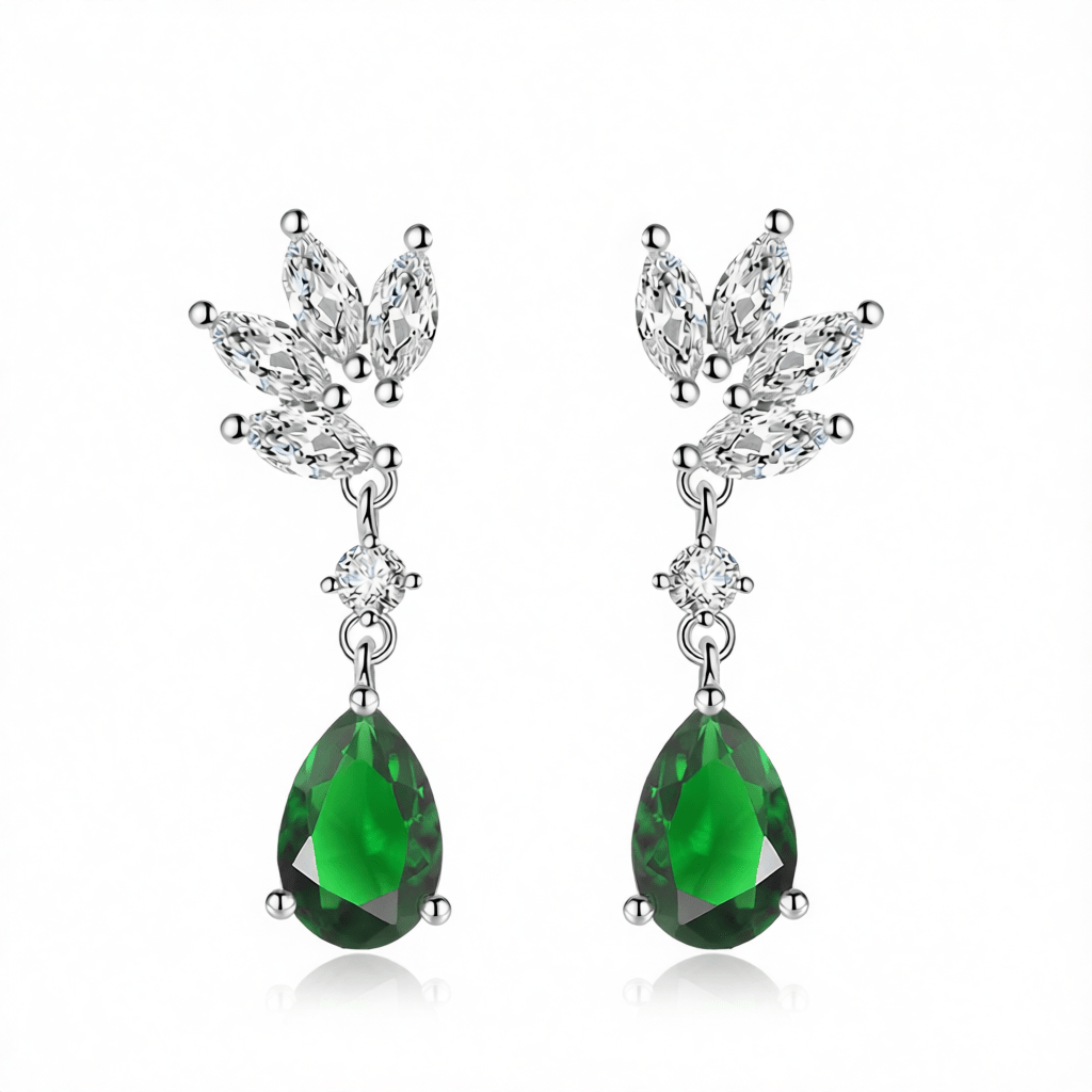 Cubic Zirconia and Green Crystal Botanical Drop Earrings, drop earrings for women, everyday style, side view