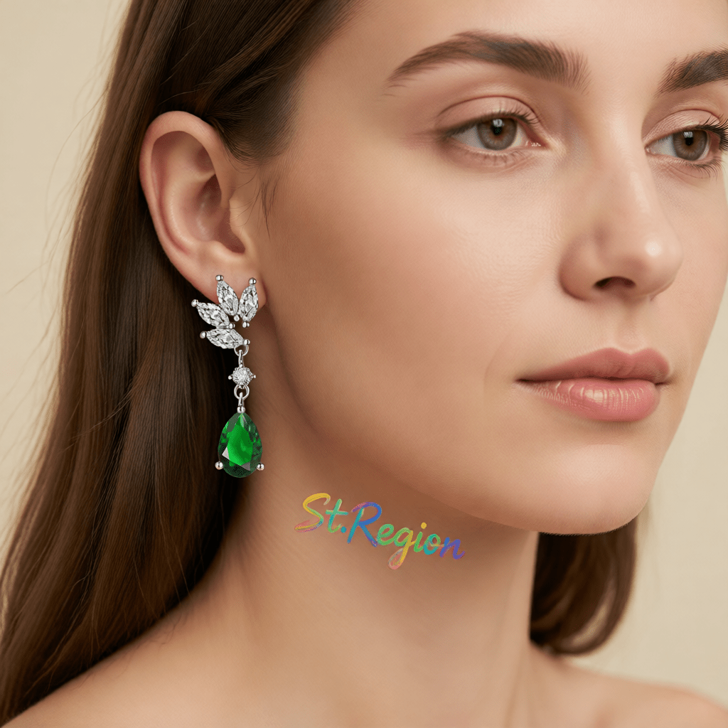 Cubic Zirconia and Green Crystal Botanical Drop Earrings, drop earrings for women, everyday style, styled look